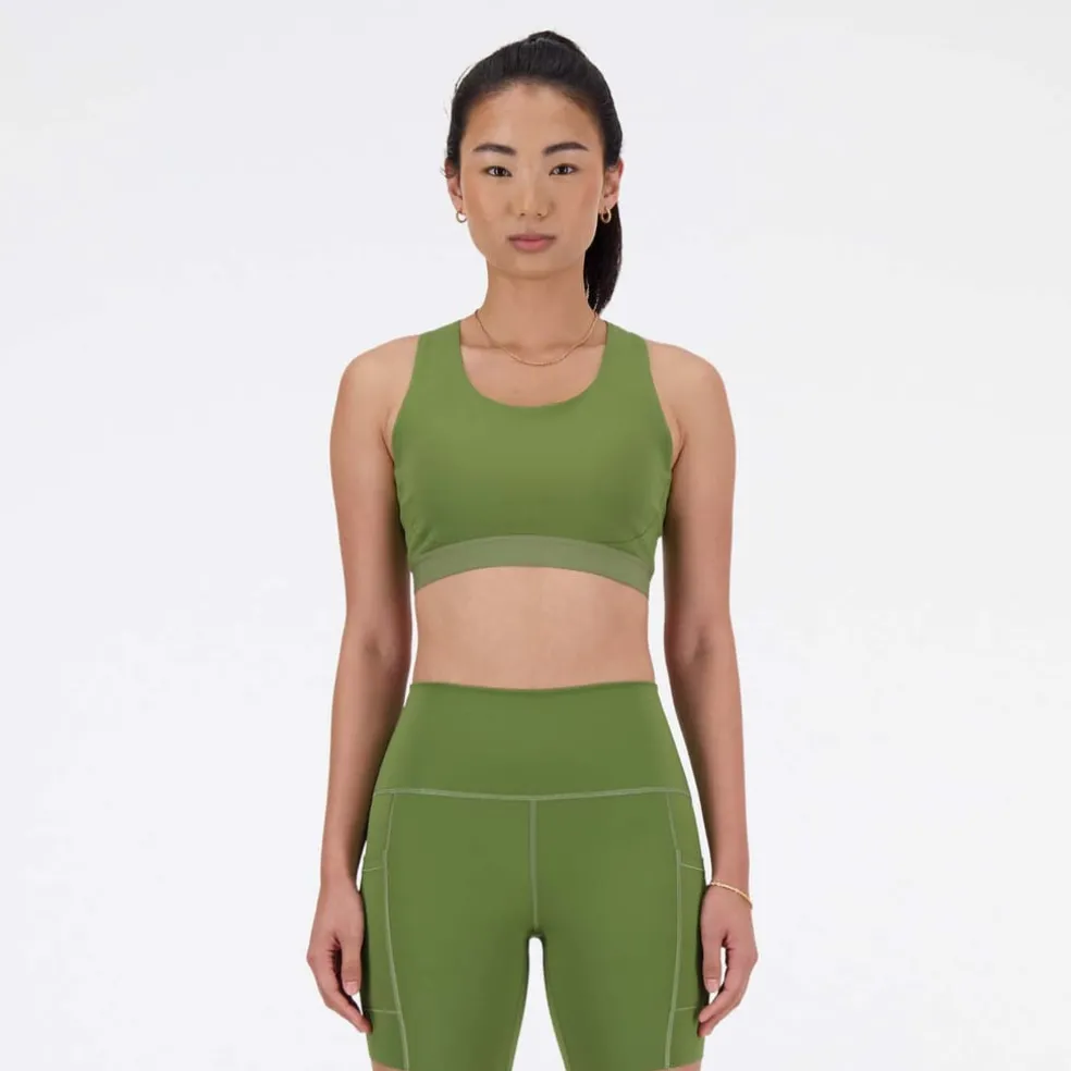 New Balance Sleek Medium Support Pocket Sports Bra in olive