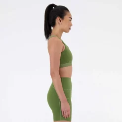 New Balance Sleek Medium Support Pocket Sports Bra in olive