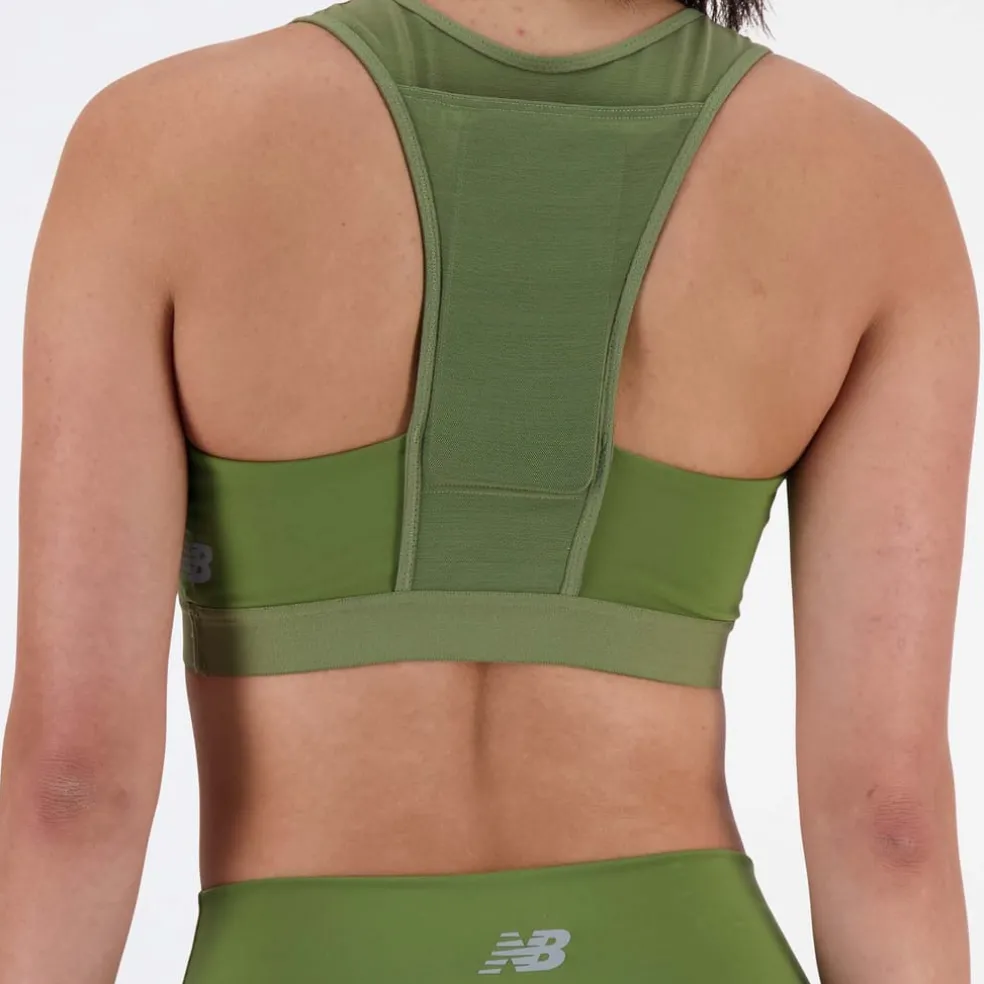 New Balance Sleek Medium Support Pocket Sports Bra in olive