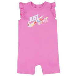 Nike Full Zip Crew Neck Short Sleeve Romper in Pink