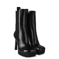 Off White Ankle Block Heel High Boot in Black