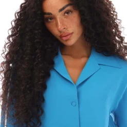 Off White Cady Long Sleeve Pyjama Shirt in Blue-White