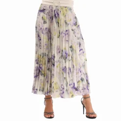 Off White Chine Satin Plisse Skirt in Green