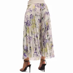 Off White Chine Satin Plisse Skirt in Green