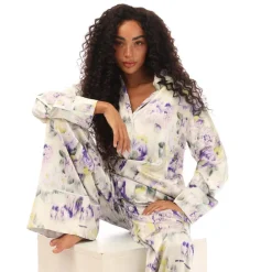 Off White Chine Satin Pyjama Shirt in Green