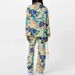 Off White Floral Pyjama Shirt in Beige