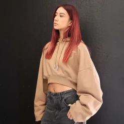 Off White For All Cropped Over Hoodie in Brown