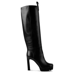 Off White Knee High Block Heel Boots in Black