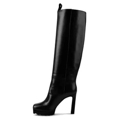 Off White Knee High Block Heel Boots in Black