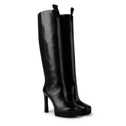 Off White Knee High Block Heel Boots in Black