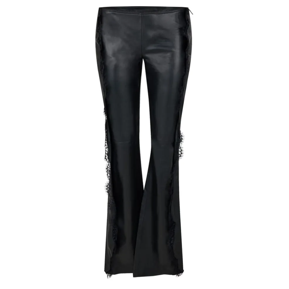 Off White Leather Lace Detail Slim Trousers in Black