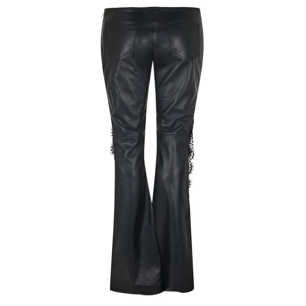 Off White Leather Lace Detail Slim Trousers in Black