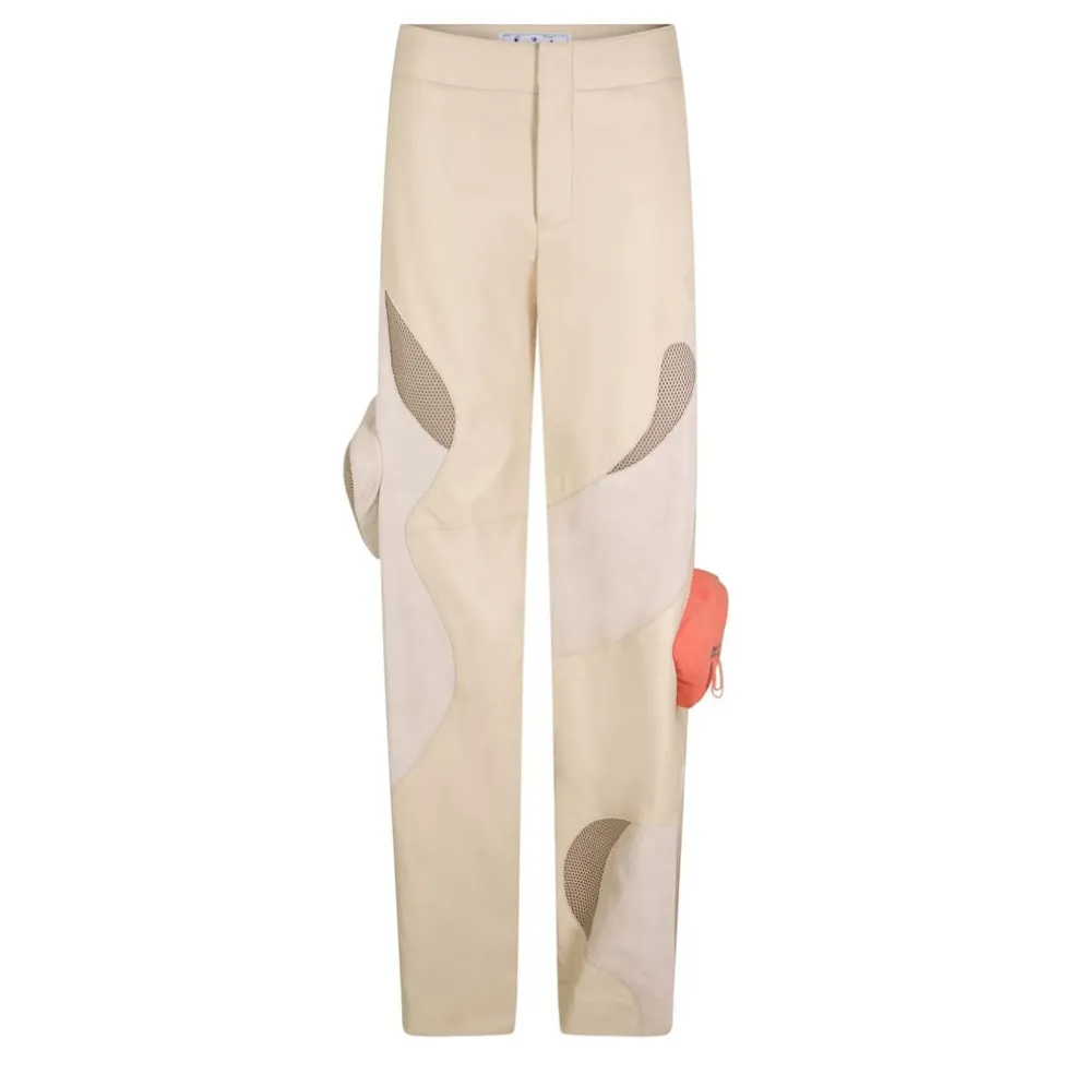 Off White Leather Mesh Pocket Trousers in Beige