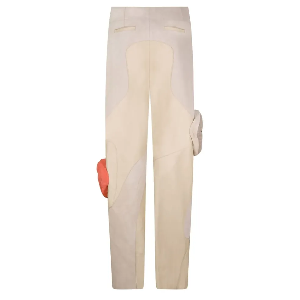 Off White Leather Mesh Pocket Trousers in Beige