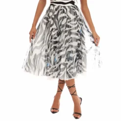 Off White Zebra Pleated Skirt in White Black