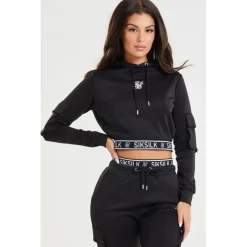 SikSilk Cropped Cargo Hoodie in Black