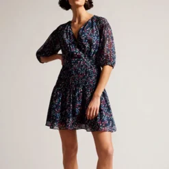 Ted Baker Casadee Smock Panel Wrap Mini Dress in Navy