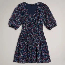 Ted Baker Casadee Smock Panel Wrap Mini Dress in Navy