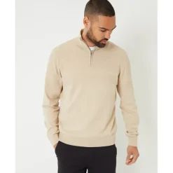 Threadbare Zip Neck Regular Fit Sweater in Brown