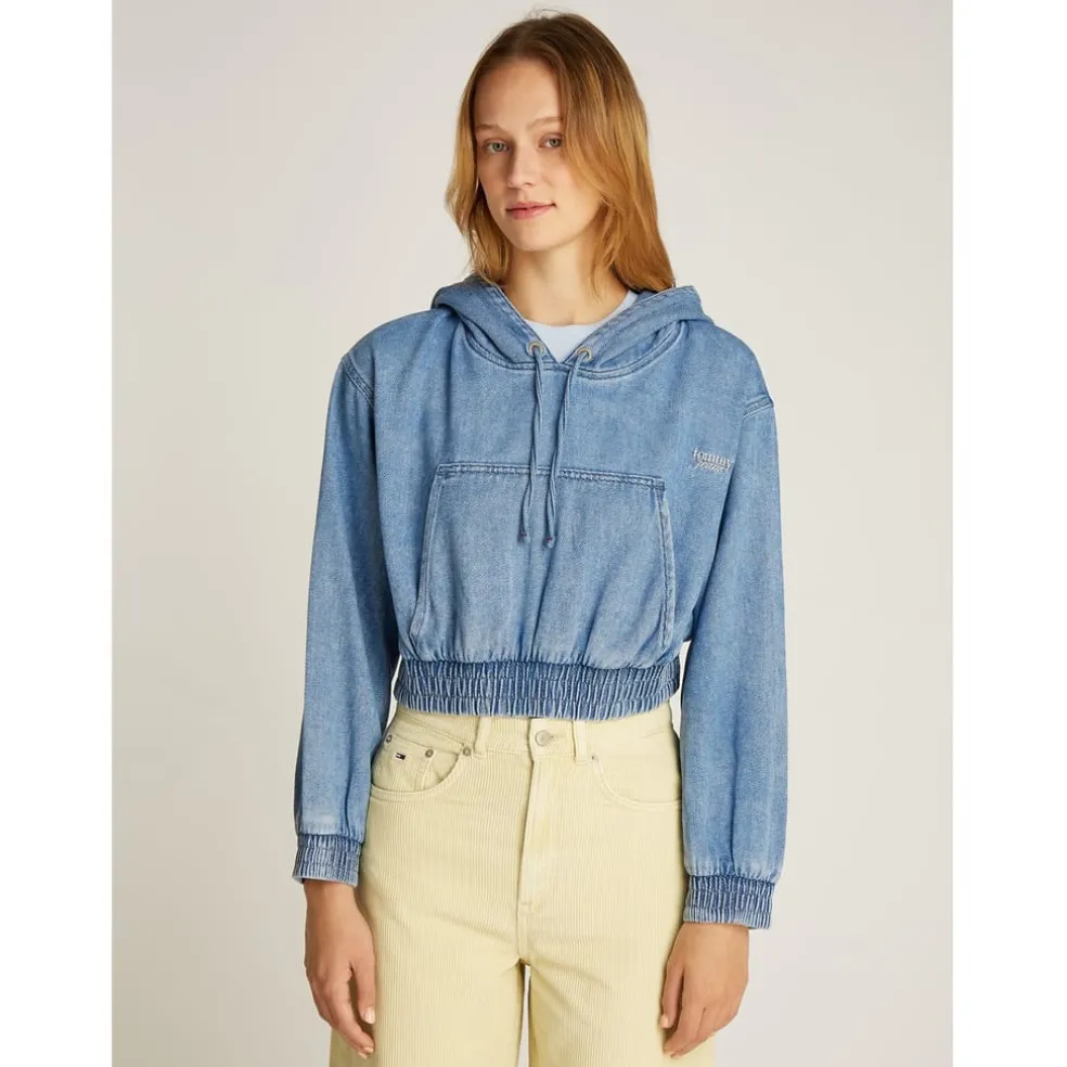 Tommy Jeans Cropped Hooded Denim Sweatshirt in Blue