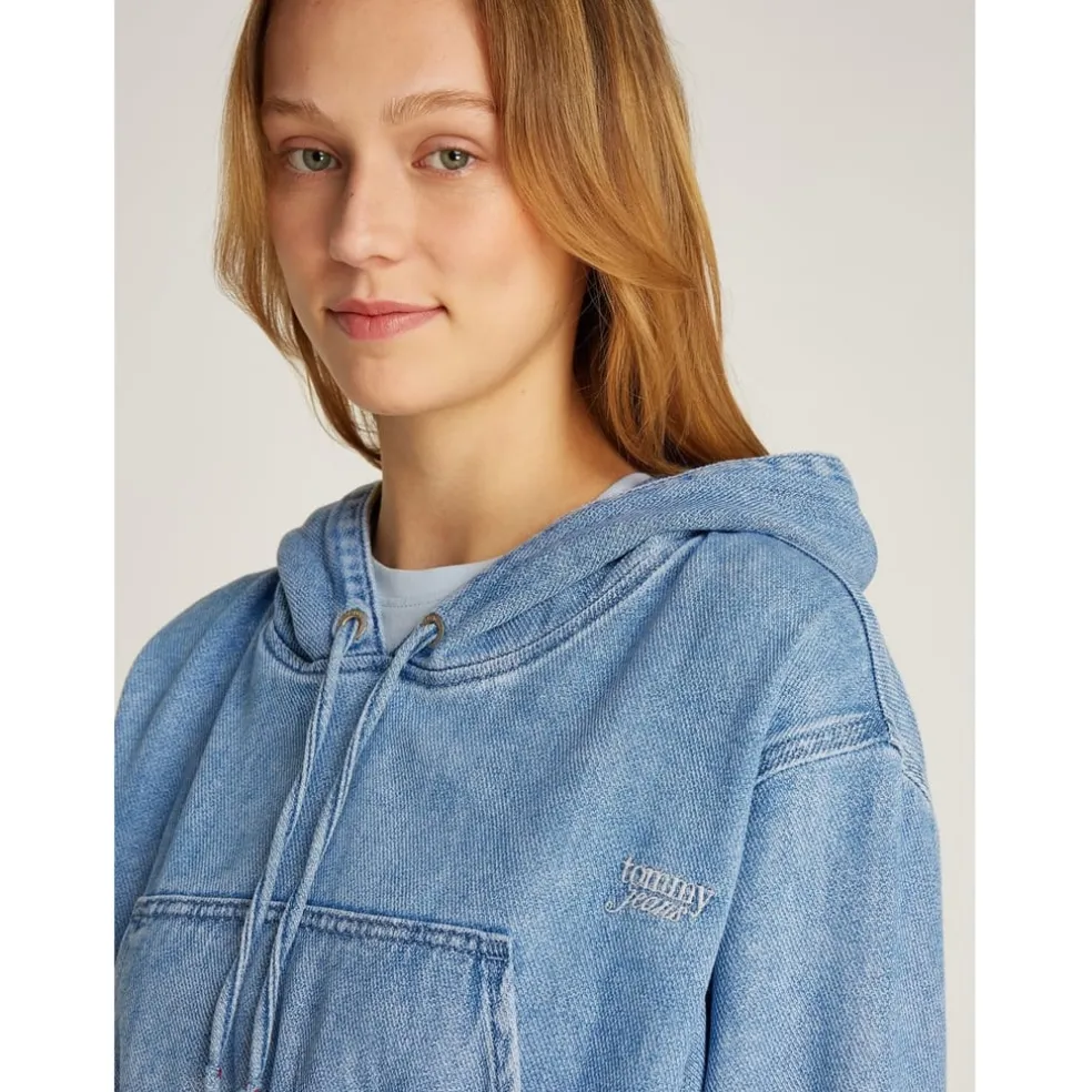 Tommy Jeans Cropped Hooded Denim Sweatshirt in Blue