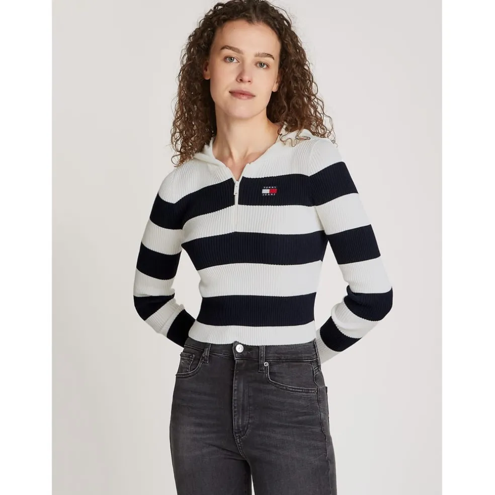 Tommy Jeans Stripe Quarter Zip Hood Sweater in White