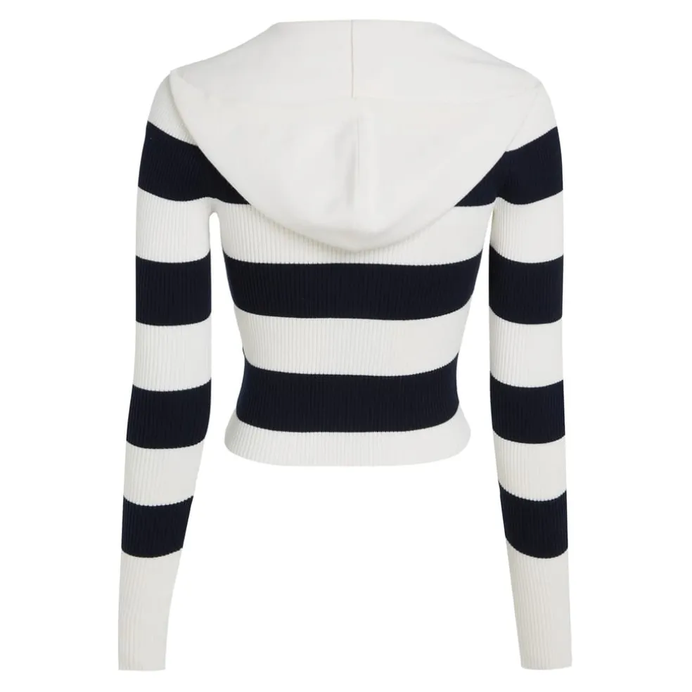 Tommy Jeans Stripe Quarter Zip Hood Sweater in White