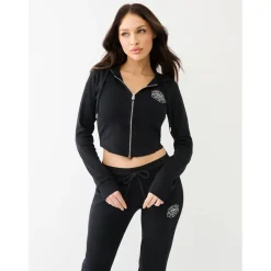 True Religion Cropped Hooded Slim Fit Sweatshirt in Black