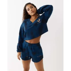 True Religion Foil Cropped Relaxed Fit Sweatshirt in Blue