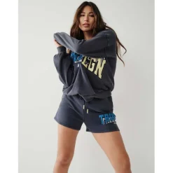 True Religion Staggered Lettering Hooded Sweatshirt in Blue