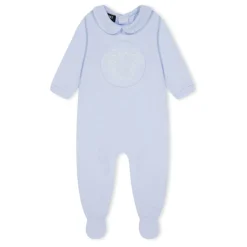 Versace Collared Neck Logo Print Long Sleeve Onesie in Blue