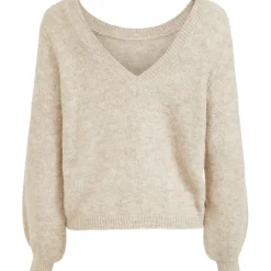 Vila Jamina V Neck Long Sleeve Relaxed Fit Sweater in Beige