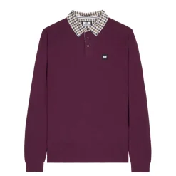 Weekend Offender Walker Check Collar Long Sleeve Polo Shirt in Berry