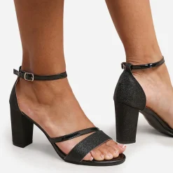 Wheres That From Glitter Perla Mid Block Heel Sandals Ladies in Black