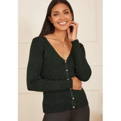 Yumi Lurex Sparkle Button Cardigan in Green