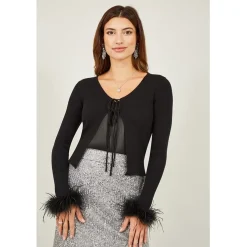 Yumi Ribbed Bolero With Feather Cuffs in Black
